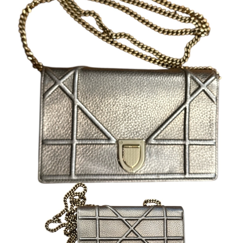 Silver Dior Diorama Clutch/Crossbody Bag with light gold hardware. COA included